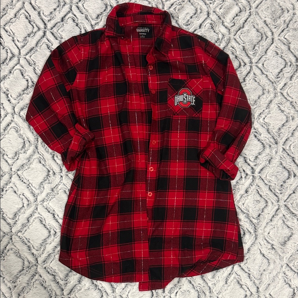 Ohio State Women's Red and Black Plaid Button Down Shirt